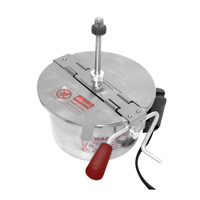 Metallic kitchen tool with red handle on a white background