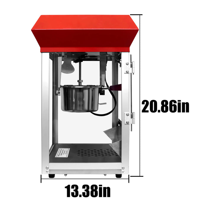 Popcorn machine with dimensions labeled on a white background
