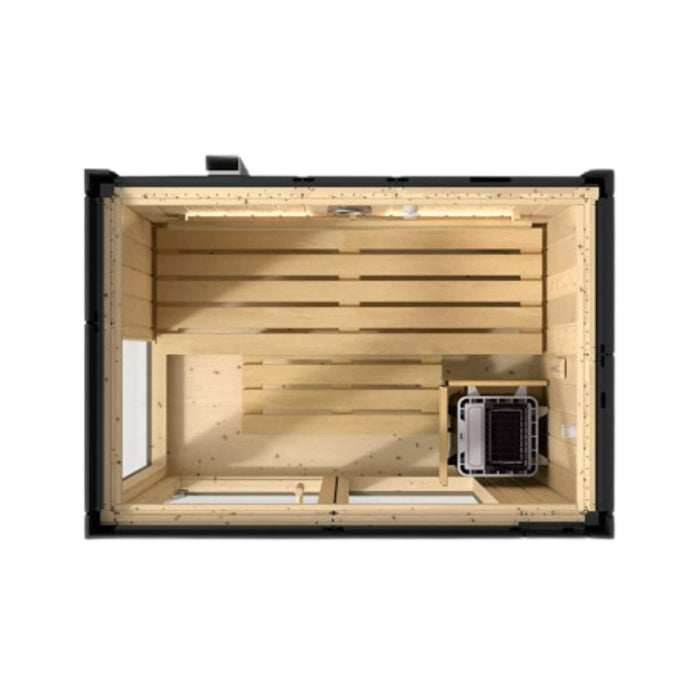 Wooden crate with a black lid on a white background