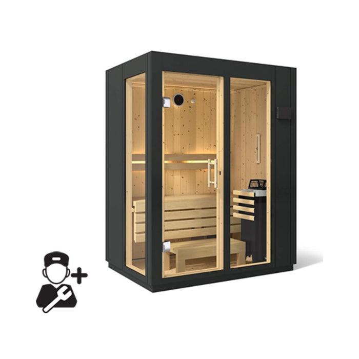 Sauna with black exterior and wooden interior on a white background