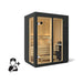 Sauna with black exterior and wooden interior on a white background