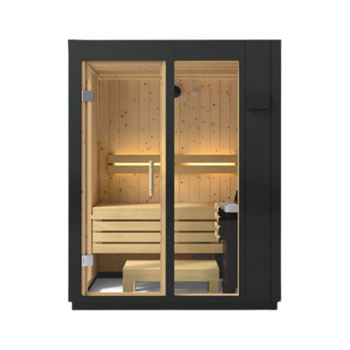 Wooden sauna with black frame on a white background