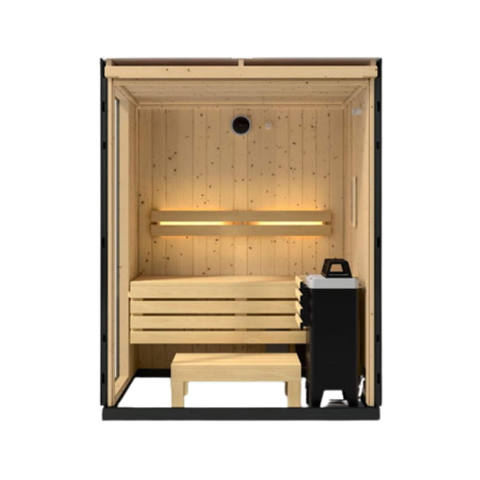 Wooden sauna with bench and stool on a white background