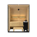 Wooden sauna with bench and stool on a white background