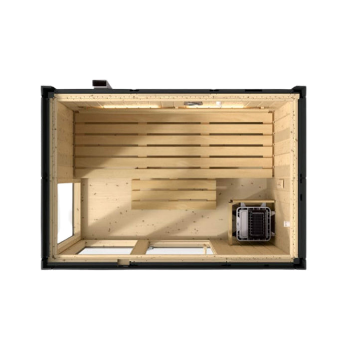 Wooden sauna with black frame on a white background