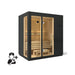 Black-framed sauna with wooden interior on a white background