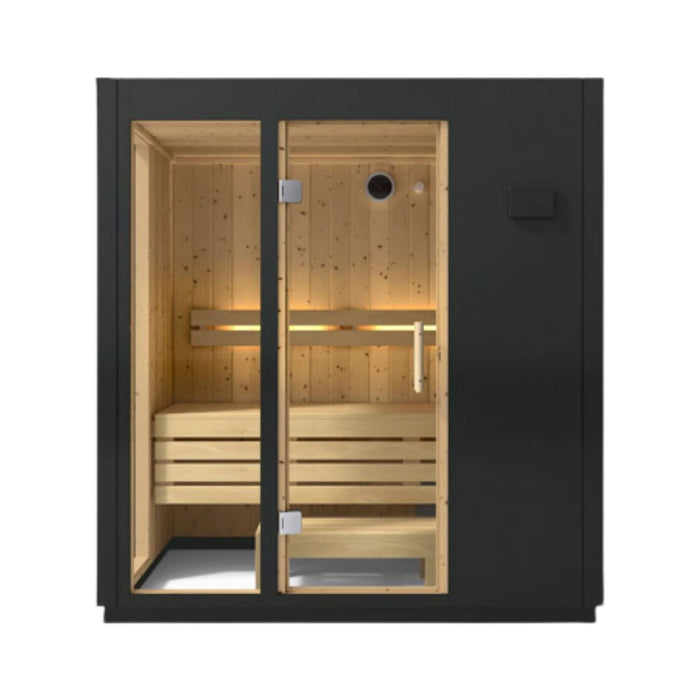 Infrared sauna with wooden interior and black exterior on a white background