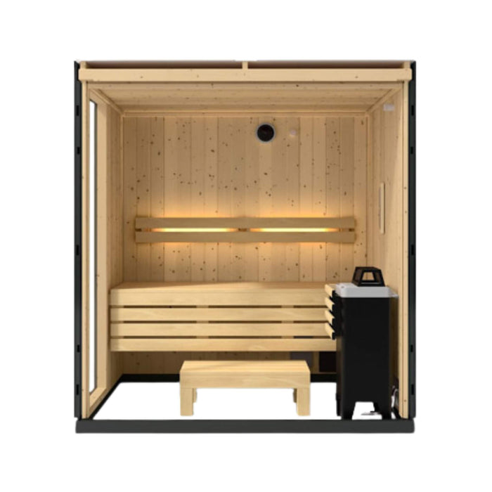 Wooden sauna with bench and stool on a white background