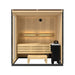 Wooden sauna with bench and stool on a white background