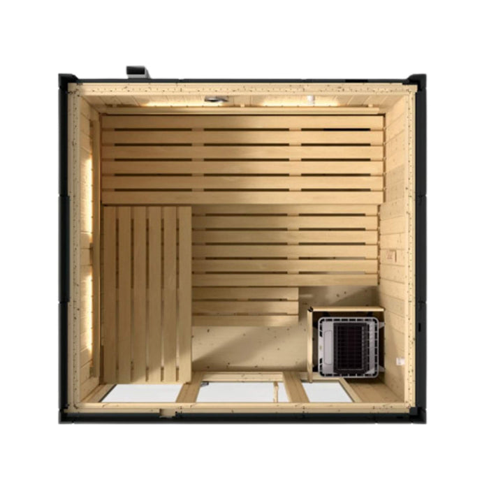 Wooden sauna with slatted design and a black border on a white background