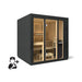 Black-framed sauna with wooden interior on a white background