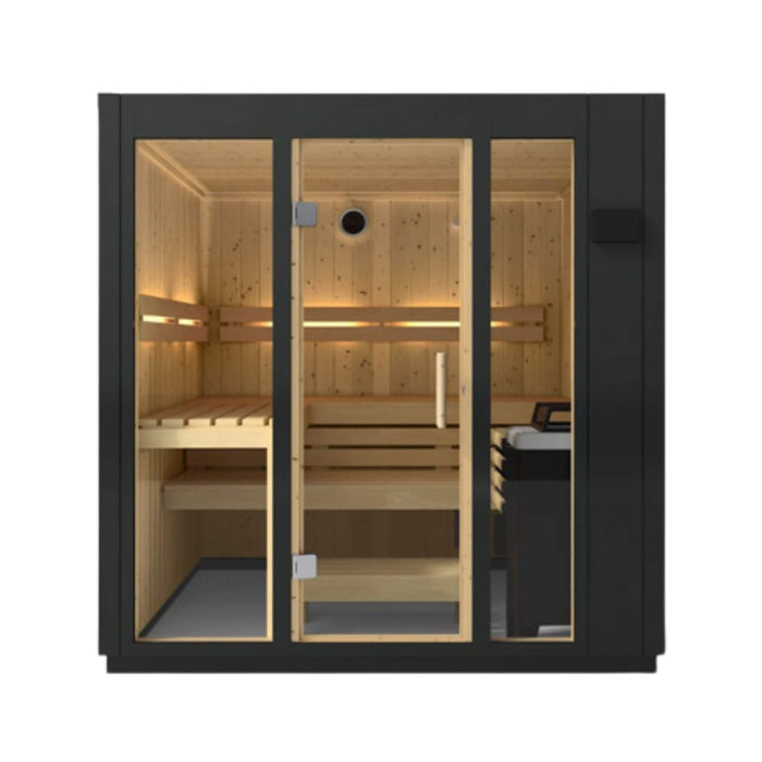 Wooden sauna with glass doors on a white background