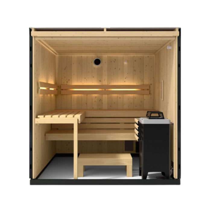 Wooden sauna with benches and a table on a white background