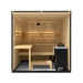 Wooden sauna with benches and a table on a white background