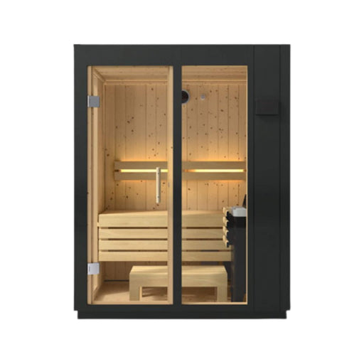 Wooden sauna with black frame on a white background