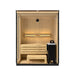 Wooden sauna with bench and heater on a white background