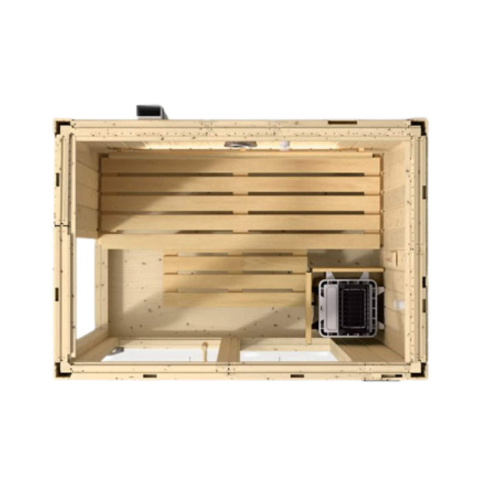 Wooden crate with a black object inside on a white background