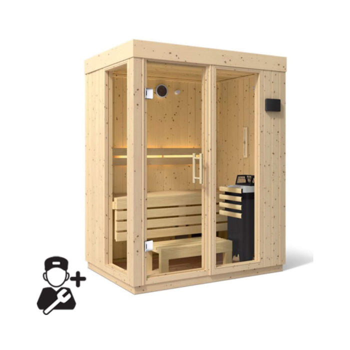 Wooden sauna with interior details on a white background