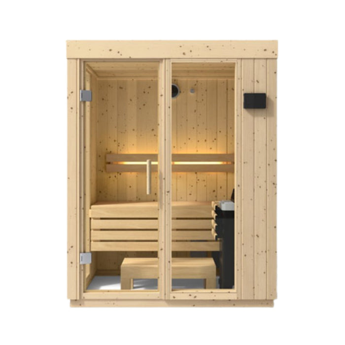 Wooden sauna with benches and glass doors on a white background