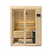 Wooden sauna with benches and glass doors on a white background