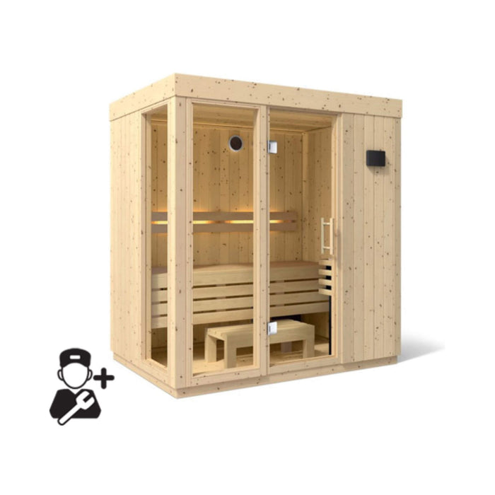 Wooden sauna with interior lights on a white background