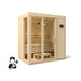 Wooden sauna with interior lights on a white background