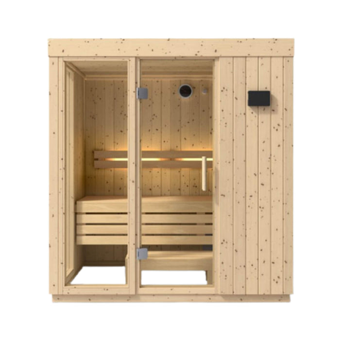 Wooden sauna with glass doors on a white background