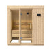 Wooden sauna with glass doors on a white background