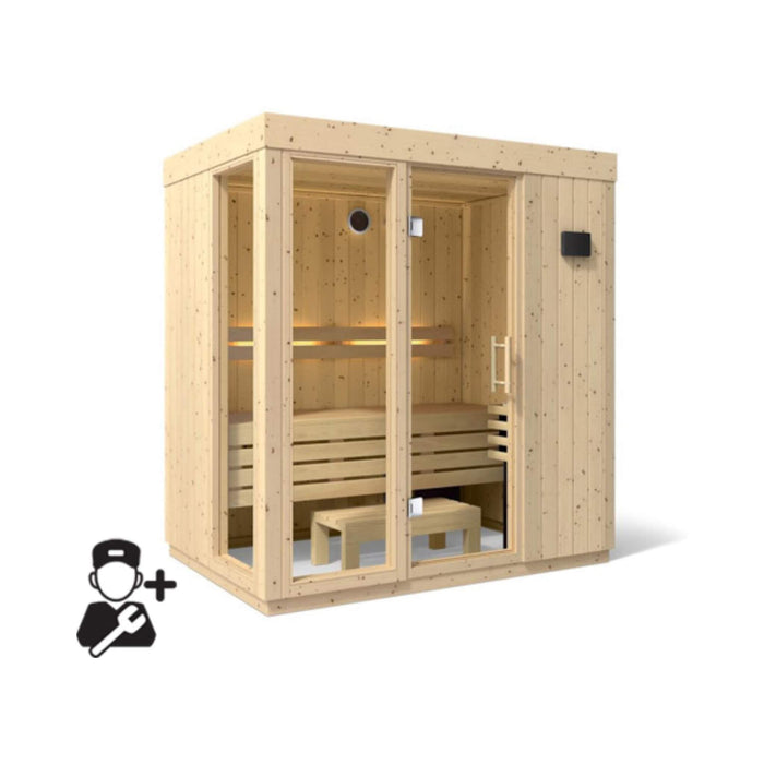 Wooden sauna with a person icon and tool icon on a white background