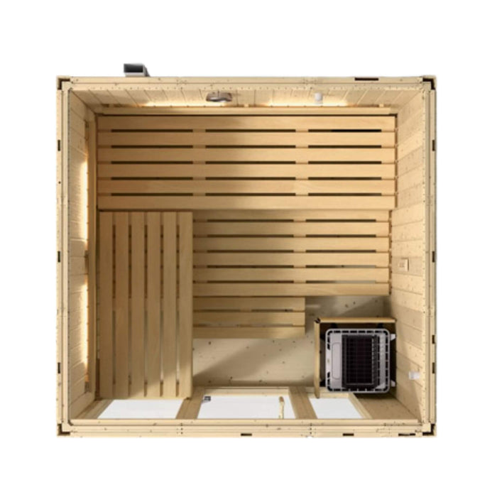 Wooden sauna with slatted design on a white background