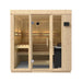 Wooden sauna with glass doors on a white background