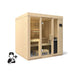 Wooden sauna with open door on a white background