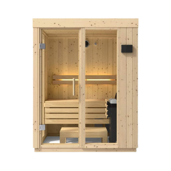 Wooden sauna with benches and a door on a white background