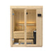 Wooden sauna with benches and a door on a white background