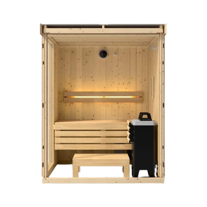Wooden sauna with bench and black heater on a white background