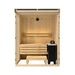 Wooden sauna with bench and black heater on a white background