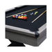 Pool table with billiard balls, cues, and accessories on a white background
