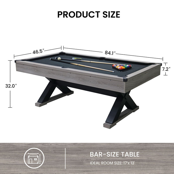 Bar-size pool table with dimensions on a white background