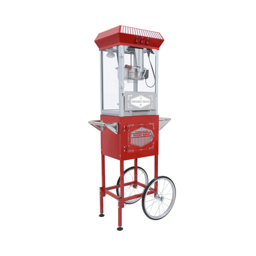 Red popcorn machine on wheels with a white background