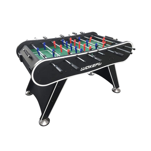 Foosball table with red, blue, and green players on a white background