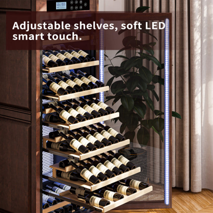 Wine rack with adjustable shelves and soft LED lighting in a home setting.