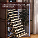 Wine rack with adjustable shelves and soft LED lighting in a home setting.