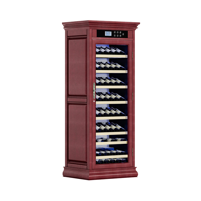 Wooden wine cabinet with glass door displaying wine bottles on a white background