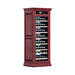Wooden wine cabinet with glass door displaying wine bottles on a white background