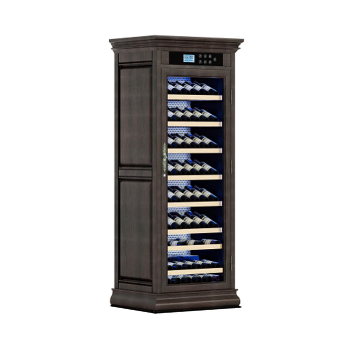 Tall dark wood wine cabinet with glass door displaying wine bottles on a white background