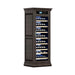 Tall dark wood wine cabinet with glass door displaying wine bottles on a white background