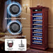 Wine cabinet with air circulation fans and adjustable feet highlighted, set against a neutral wall.