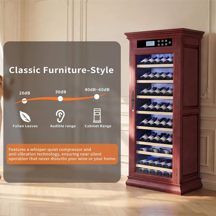 Wooden wine cabinet with wine bottles inside, featuring a noise level indicator on a gray background.