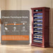 Wooden wine cabinet with wine bottles inside, featuring a noise level indicator on a gray background.