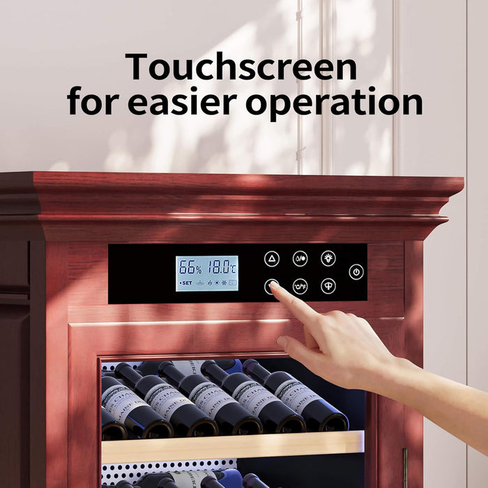 Wine cooler with touchscreen control panel and hand interacting with it.
